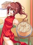  1girl arc_system_works ass bare_shoulders blazblue blush breasts brown_eyes brown_hair celica_a_mercury china_dress chinese_clothes dress from_behind hair_ribbon long_hair looking_at_viewer looking_back open_mouth ribbon slavedoll smile solo 