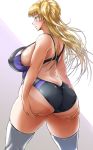  1girl arm_support ass bare_shoulders blonde_hair blue_eyes breasts butt_crack commentary_request competition_swimsuit curvy erect_nipples from_behind highres huge_ass large_breasts long_hair one-piece_swimsuit original pink_background plump shiina_nami sideboob solo swimsuit tan tanline thick_thighs thighhighs thighs twintails white_background white_legwear 