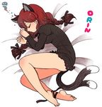  adapted_costume alternate_costume animal_ears ankle_ribbon ass barefoot bow braid cat_ears cat_tail character_name closed_eyes dress hair_bow hair_ornament kaenbyou_rin long_hair long_sleeves lying mashuu_masaki multiple_tails nekomata on_bed on_side profile puffy_sleeves red_hair ribbon short_dress sleeping solo tail touhou twin_braids 