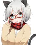  animal_ears bad_id bad_pixiv_id bespectacled blush cardigan cat_ears cat_tail glasses green_eyes kinakomoti looking_at_viewer plaid plaid_scarf red-framed_eyewear sanya_v_litvyak scarf short_hair silver_hair simple_background smile solo strike_witches sweater tail white_background world_witches_series 