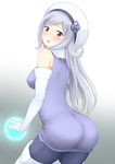  aila_jyrkiainen ass blue_eyes blush boots breasts elbow_gloves gloves gundam gundam_build_fighters hat jampen long_hair looking_at_viewer looking_back medium_breasts pantyhose silver_hair solo thigh_boots thighhighs white_gloves 
