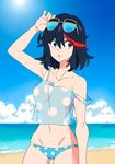  bad_id bad_pixiv_id beach bikini_bottom black_hair blue_eyes blue_sky cloud day eyewear_on_head kill_la_kill mako_(macomaco7) matoi_ryuuko navel outdoors polka_dot short_hair sky solo strap_slip sunglasses transparent water 