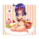  ahoge bad_id bad_twitter_id bikini blue_eyes blue_hair breasts cake finger_in_mouth food fruit jinguu_shion large_breasts looking_at_viewer natsu_hotaru original plump short_hair solo strawberry striped striped_background swimsuit vertical-striped_background vertical_stripes 