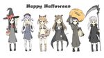  animal_ears arare_(kantai_collection) arashio_(kantai_collection) asashio_(kantai_collection) bandages basket black_eyes black_hair boots brown_hair cape capelet costume cravat dress grey_hair hair_ornament halloween happy_halloween hat head_wings highres jack-o'-lantern jewelry jiangshi kantai_collection kasumi_(kantai_collection) lantern long_hair michishio_(kantai_collection) multiple_girls necklace ofuda ooshio_(kantai_collection) ooyama_imo outstretched_arms pumpkin scythe shorts side_ponytail skull_hair_ornament tail vampire_costume wand werewolf white_background witch witch_hat wolf_ears wolf_tail zombie_pose 