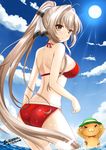  2014 :o amagi_brilliant_park antenna_hair artist_name ass bikini breasts brown_eyes brown_hair cloud dated day fisheye from_behind highres large_breasts light_rays long_hair looking_back o-ring o-ring_bottom ponytail red_bikini sento_isuzu strap_gap sunbeam sunlight swimsuit the-sinner very_long_hair wet 