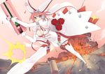  atto_youhei breasts cleavage elphelt_valentine explosion gloves green_eyes guilty_gear guilty_gear_xrd gun large_breasts pink_hair shell_casing solo thighhighs weapon 