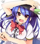  blue_hair bow breasts fang food fruit hat hinanawi_tenshi large_breasts long_hair looking_at_viewer miton_(turuyasann) open_mouth peach pose puffy_short_sleeves puffy_sleeves red_eyes shirt short_sleeves skirt smile solo touhou upper_body very_long_hair 