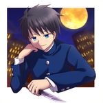  amano-sora arm_support bad_id bad_twitter_id black_hair blue_eyes full_moon gakuran knife male_focus melty_blood moon nanaya_shiki night night_sky school_uniform sky smile solo toono_shiki tsukihime weapon 