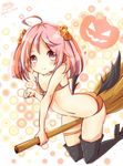 ahoge alternate_costume arched_back artist_name bikini blush boots broom broom_riding flat_chest hair_bobbles hair_ornament halloween kantai_collection looking_at_viewer nano_(cherry_line) navel orange_bikini pink_eyes pink_hair sazanami_(kantai_collection) smile solo swimsuit thigh_boots thigh_strap thighhighs twitter_username 