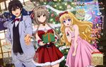  2girls :d absurdres akitake_seiichi amagi_brilliant_park animedia bell bell_collar belt blush box breasts capelet christmas christmas_tree cleavage collar dress drill_hair gift gift_box hair_ribbon highres holding kanie_seiya latifa_fleuranza magazine_scan medium_breasts moffle multiple_girls official_art open_mouth outstretched_hand pink_dress ribbon santa_costume scan sento_isuzu smile standing tiramii 