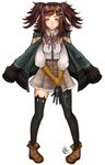  ankle_boots black_legwear boots brown_eyes brown_hair danganronpa drag-on_dragoon drag-on_dragoon_3 four_(drag-on_dragoon) fusion goggles goggles_on_head hair_ornament hairclip highres jacket_on_shoulders long_hair lucky_clover_(luckyxclover) mismatched_legwear nanami_chiaki pigeon-toed prosthesis single_thighhigh skirt solo super_danganronpa_2 thighhighs two_side_up white_background 