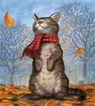  autumn autumn_leaves cat cat_focus clothed_animal matataku no_humans original plaid plaid_scarf scarf signature solo standing 