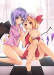  :o bare_legs bare_shoulders barefoot bat_wings blonde_hair blush bottomless checkered checkered_floor collarbone feet flandre_scarlet hat hat_ribbon incest lavender_hair looking_at_viewer multiple_girls no_bra no_hat no_headwear no_panties off_shoulder one_side_up open_clothes open_shirt ouka_(ra-raradan) red_eyes reflection remilia_scarlet ribbon shirt siblings sisters sitting spread_legs torn_clothes torn_shirt touhou window wings yuri 