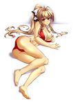  amagi_brilliant_park antenna_hair ass barefoot bikini breasts brown_eyes brown_hair cleavage covering covering_one_breast feet highres large_breasts legs long_hair lying navel o-ring o-ring_bottom o-ring_top on_side ponytail sento_isuzu shirokuma_a soles solo swimsuit toes very_long_hair 