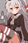  9law :&lt; amatsukaze_(kantai_collection) highres kantai_collection long_hair looking_at_viewer sitting solo striped striped_legwear thighhighs white_hair yellow_eyes 