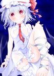  bat_wings fang hat looking_at_viewer mob_cap nagii_yuki panties pantyshot red_eyes remilia_scarlet short_hair smile solo standing standing_on_one_leg touhou underwear wings wrist_cuffs 