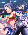  artist_request ass blue_hair breasts brown_eyes christie_monteiro christie_monteiro_(cosplay) company_connection cosplay fingerless_gloves gloves idolmaster idolmaster_million_live! large_breasts midriff namco official_art smile solo tekken toyokawa_fuuka 