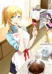  :q ^_^ animalization apron ayase_eli bad_id bad_pixiv_id bird blonde_hair blue_eyes casual character_doll closed_eyes cooking long_hair looking_at_viewer love_live! love_live!_school_idol_project low_ponytail minami_kotori minami_kotori_(bird) multiple_girls panda_(pandadesu) ponytail purple_hair refrigerator smile spatula squatting tongue tongue_out toujou_nozomi 