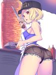  apron ass back bare_shoulders baseball_cap blonde_hair bottle breasts clothes_writing cooking cowboy_shot cutoffs denim denim_shorts food food_stand from_behind grill hat headwear_writing highres holding kebab ketchup knife lipstick looking_at_viewer looking_back makeup meat medium_breasts mustard nagisa_kurousagi open_mouth original pink_lipstick pocket red_eyes rotisserie short_hair short_shorts shorts sideboob solo standing sweat tank_top thighs tongue tongue_out vertical_rotisserie white_background 