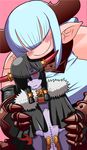  bad_id bad_tumblr_id black_hair blue_hair blush capelet character_request demon_girl elbow_gloves gauntlets gloves hair_over_eyes hair_over_one_eye hair_tubes height_difference highres horns hug hug_from_behind long_hair matsuda_yuusuke monster_girl multicolored multicolored_skin multiple_girls nise_maou_nekuzeru pointy_ears purple_skin red_eyes short_hair stitches two-tone_skin yuusha_to_maou zombie 