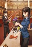  1girl bad_perspective black_eyes book brown_hair cover cover_page cup duster error hanzaisha_shokan_alexandria library long_hair mmlu_(honwa_karesu) phone rotary_phone short_hair stairs standing sweater teacup watch wristwatch 