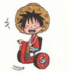  1boy black_hair chibi eyes_closed hat lowres monkey_d_luffy nanako_(skr7k) one_piece scar shorts sitting solo straw_hat traditional_media vehicle vest 