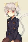  animal_ears cat_ears cat_tail fang hunter_x_hunter looking_at_viewer midorikawa_you neferpitou red_eyes short_hair simple_background solo tail 