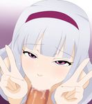  1boy 1girl :&gt;= blush censored double_v duck_face erection fellatio hairband idolmaster looking_at_viewer looking_up oral penis pink_eyes pov pov_eye_contact saliva shijou_takane shirogane813 silver_hair sweat v 