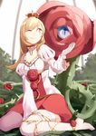  ;d bad_id bad_pixiv_id blonde_hair breasts choker cleavage crown flower long_hair looking_at_viewer medium_breasts mini_crown monster one_eye_closed open_mouth original panda_(pandadesu) red_eyes rose sitting smile solo thighhighs white_legwear zettai_ryouiki 