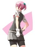  bad_id bad_pixiv_id bike_shorts blue_eyes cowboy_shot from_behind gloves hand_on_hip kantai_collection long_hair looking_at_viewer looking_back neck_ribbon panda_(pandadesu) pink_hair ponytail red_neckwear red_ribbon ribbon school_uniform shiranui_(kantai_collection) short_sleeves shorts shorts_under_skirt solo uniform vest white_gloves 