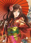  bad_id bad_pixiv_id brown_hair character_request expressionless floral_print flower green_eyes hair_flower hair_ornament japanese_clothes kanameyura kimono lips long_hair long_sleeves obi parasol parted_lips sash solo tassel umbrella upper_body wide_sleeves 