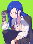  banchou blue_hair bracelet breasts chain cleavage earrings fingerless_gloves gloves hakama highres jacket_on_shoulders japanese_clothes jewelry large_breasts long_hair looking_at_viewer nagisa_kurousagi necklace open_clothes open_shirt original red_eyes shirt smile solo squatting 