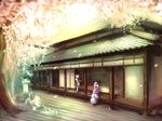  architecture bow cherry_blossoms east_asian_architecture hair_bow hakugyokurou hat konpaku_youmu multiple_girls petals pink_hair rock_garden saigyouji_yuyuko scenery silver_hair stone_lantern touhou untsue 