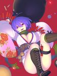  ahoge belt bomb boots breasts cleavage dynamite highres japanese_clothes kimono knee_boots large_breasts nagisa_kurousagi open_mouth original purple_hair red_eyes scarf short_hair smile solo thigh_strap tongue utility_belt wide_sleeves 