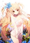  bad_id bad_pixiv_id blonde_hair bow breasts cleavage flower hair_flower hair_ornament long_hair looking_at_viewer medium_breasts original see-through solo sukja thighs two_side_up very_long_hair yellow_eyes 