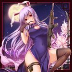  animal_ears assault_rifle biting black_gloves breasts bunny_ears china_dress chinese_clothes cleavage_cutout covered_navel dress fishnet_gloves fishnet_legwear fishnets flower full_moon glove_biting gloves gun jpeg_artifacts large_breasts long_hair looking_at_viewer moneti_(daifuku) moon mouth_hold night night_sky purple_eyes purple_hair reisen_udongein_inaba rifle sky sling solo star_(sky) starry_sky thigh_pouch thighhighs touhou vertical_foregrip very_long_hair weapon 