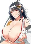 1girl black_hair breast_squeeze breasts cum fusou_(kantai_collection) hair_ornament headband huge_breasts kantai_collection kloah nipple_slip nipples open_mouth paizuri red_eyes solo_focus sweat 