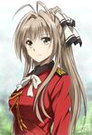  2014 aiguillette amagi_brilliant_park antenna_hair artist_name blush bow breasts brown_eyes brown_hair dated hair_bow highres kem_kem long_hair medium_breasts ponytail sento_isuzu signature smile solo 