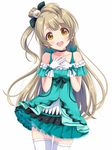  :d bare_shoulders bow brown_eyes brown_hair earrings frilled_skirt frills gloves hair_bow hands_on_own_chest highres jewelry kira-kira_sensation! long_hair looking_at_viewer love_live! love_live!_school_idol_project minami_kotori one_side_up open_mouth skirt smile solo thighhighs white_background white_gloves white_legwear yuuki_(yukinko-02727) 