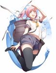  :d aoba_(kantai_collection) bad_id bad_pixiv_id bird black_legwear blue_eyes from_below kantai_collection looking_at_viewer machinery navel open_mouth panda_(pandadesu) pink_hair ponytail salute school_uniform seagull serafuku smile solo thighhighs wind zettai_ryouiki 