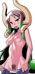  bad_id bad_tumblr_id breasts brown_eyes brown_hair commentary condom condom_in_mouth condom_wrapper demon_horns demon_tail gradient_hair green_hair highres horns long_hair matsuda_yuusuke mature mouth_hold multicolored_hair naughty_face navel panties pants_down panty_pull pubic_hair pussy small_breasts smile solo tail topless tsunoko-mama underwear undressing very_long_hair yuusha_to_maou 