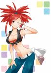  absurdres armpits asuna_(pokemon) blush breasts cleavage denim domoshipette gym_leader highres jeans large_breasts midriff navel one_eye_closed pants poke_ball poke_ball_(generic) pokemon pokemon_(game) pokemon_oras red_eyes red_hair smile solo 