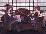  blood blood_bag brown_hair couch cup drinking_glass gloves gothic_lolita lolita_fashion long_hair necktie pantyhose red_eyes rednian rion_flina short_hair shorts sion_flina solo sword_girls thighhighs vampire wine_glass wings 