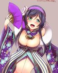  :d aqua_eyes blush breasts cleavage cowboy_shot detached_collar downblouse fan floral_print folding_fan fur_trim hairband highres huge_breasts japanese_clothes kimono leaning_forward long_hair looking_at_viewer love_live! love_live!_school_idol_project open_mouth purple_hairband smile solo toujou_nozomi yu-ta 