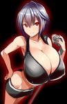  bare_shoulders breasts cleavage closed_mouth collarbone eyebrows_visible_through_hair hair_between_eyes highres huge_breasts kloah looking_at_viewer microphone midriff red_eyes short_hair smile solo sports_bra stomach 