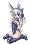  adapted_costume animal_ears blush bunny_ears bunny_tail bunnysuit chaika_trabant detached_collar eyebrows highres hitsugi_no_chaika karasuke_d long_hair platform_footwear purple_eyes silver_hair sitting solo tail thighhighs wariza white_background wrist_cuffs 