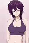  breasts cleavage liebert majin_bone manji_(tenketsu) medium_breasts purple_hair red_eyes short_hair smile solo sports_bra 