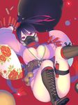  belt black_hair bomb boots breasts cleavage dynamite gas_mask highres japanese_clothes kimono knee_boots large_breasts long_hair mask multicolored_hair nagisa_kurousagi original pink_hair ponytail red_eyes scarf solo thigh_strap two-tone_hair utility_belt wide_sleeves 