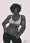  abs bad_id bad_tumblr_id borrowed_character breasts cleavage contrapposto dark_skin glasses greyscale groin hair_over_one_eye highres hilda_stervins jesus_avalos medium_breasts midriff monochrome muscle muscular_female navel no_panties original pants_pull pulled_by_self scar short_hair solo sports_bra standing very_dark_skin 