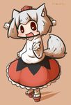  :d animal_ears bad_id bad_pixiv_id hat inubashiri_momiji inunoko. looking_at_viewer open_mouth pom_pom_(clothes) reaching red_eyes short_hair silver_hair smile solo tail tokin_hat touhou wolf_ears wolf_tail 